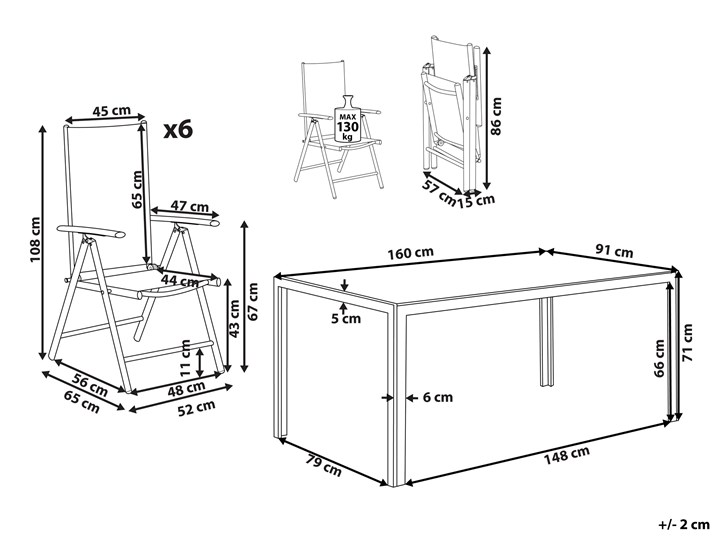 Beliani Zestaw mebli ogrodowych jadalniany stół 160 x 90 cm z aluminium i szkła 6 krzeseł siatka regulowane oparcia Tworzywo sztuczne Stoły z krzesłami Zawartość zestawu Krzesła