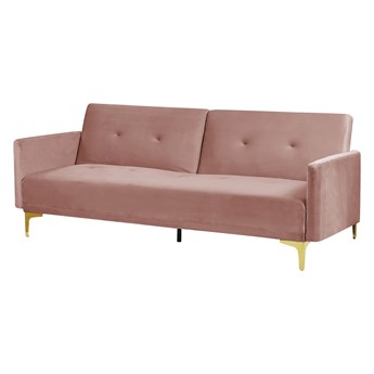 Beliani Sofa rozkładana 3-osobowa różowa welurowa pikowana z poduszkami metalowe nogi nowoczesna do salonu
