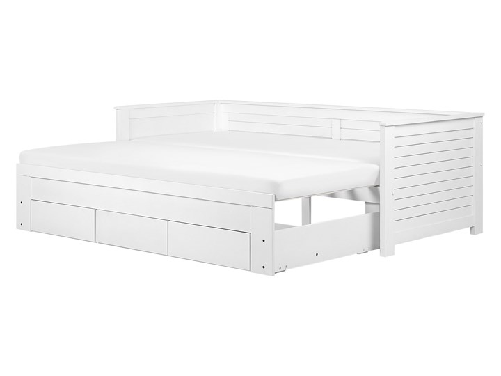 Beliani Łóżko białe drewniane 90/180 x 200 cm ze stelażem wysuwane dodatkowe łóżko 3 szuflady skandynawskie Drewno Płyta MDF Rozmiar materaca 180x200 cm