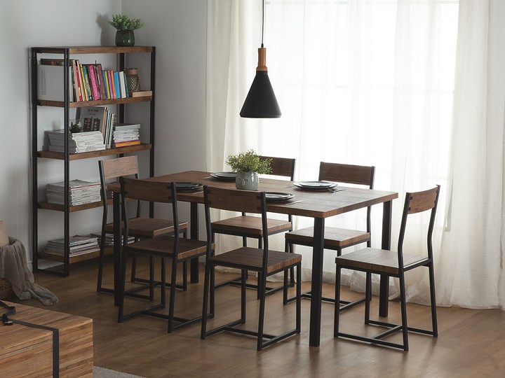 Beliani Zestaw mebli do jadalni 6-osobowy ciemne drewno czarna stalowa rama stół 150 x 90 cm 6 krzeseł industrialny Pomieszczenie Jadalnia