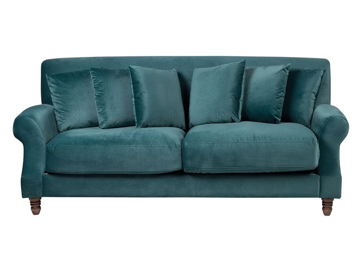 Beliani Sofa 3-osobowa morska welurowa drewniane nóżki grube siedzisko dodatkowe poduszki retro wygląd Głębokość 102 cm Stała konstrukcja Wielkość Trzyosobowa Szerokość 186 cm Funkcje Bez dodatkowych funkcji