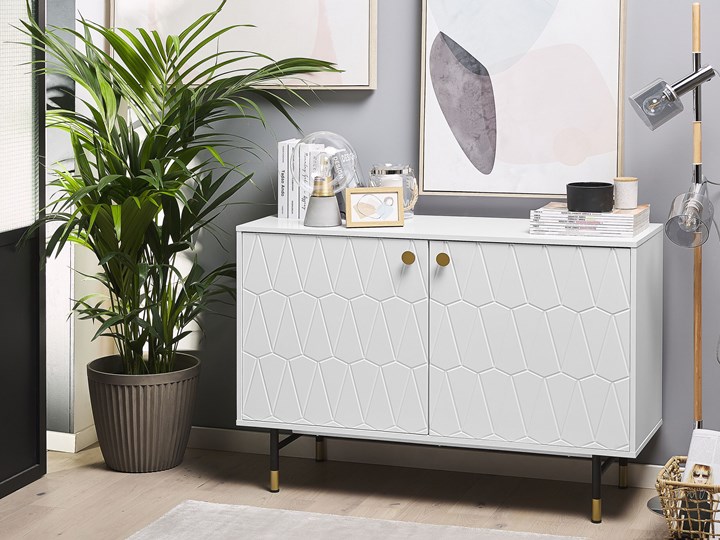 Beliani Komoda biała czarne nogi 82 x 120 cm dwie szafki geometryczny wzór styl retro Z szafkami Głębokość 40 cm Wysokość 82 cm Płyta MDF Pomieszczenie Sypialnia Kolor Biały