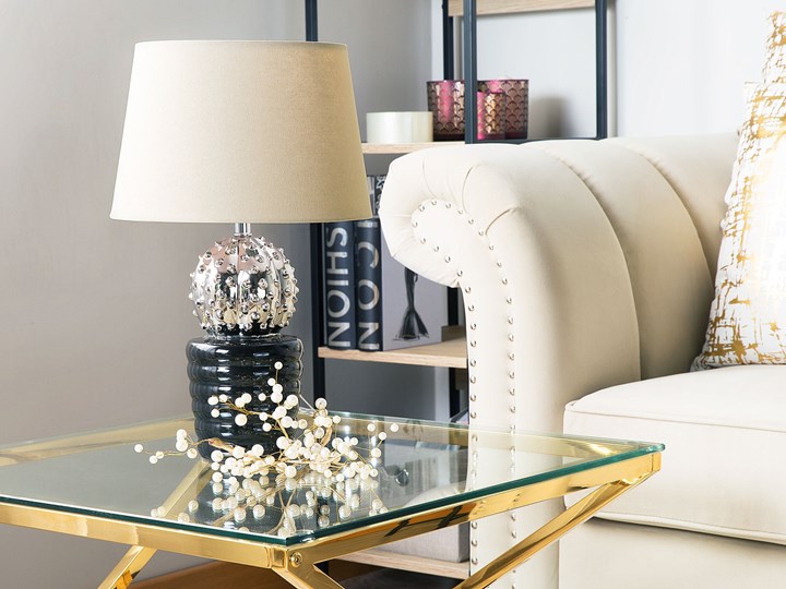 Beliani Lampa stołowa srebrna czarna ceramiczna 43 cm kształt kaktusa wysoki połysk glamour Lampa z abażurem Ceramika Pomieszczenie Sypialnia
