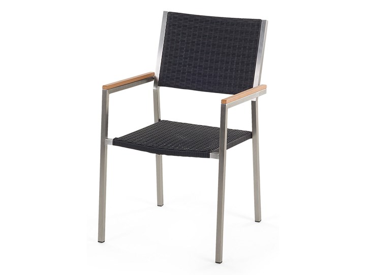Beliani Zestaw mebli ogrodowych jadalniany biały stół szkło hartowane 180 x 90 cm 6 krzeseł czarnych z technorattanu sztaplowanych Stoły z krzesłami Stal Zawartość zestawu Krzesła Kolor Szary