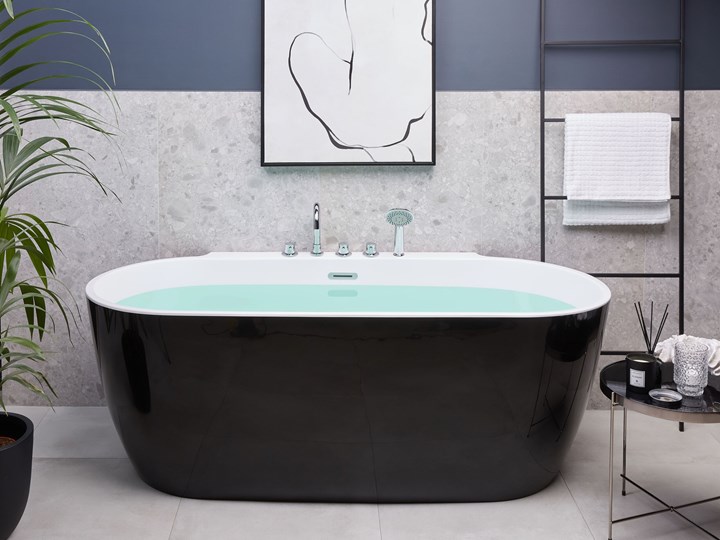 Beliani Wanna wolnostojąca czarna akrylowa 170 x 80 cm system owalna minimalistyczny design Kolor Czarny Długość 170 cm Wolnostojące Kategoria Wanny