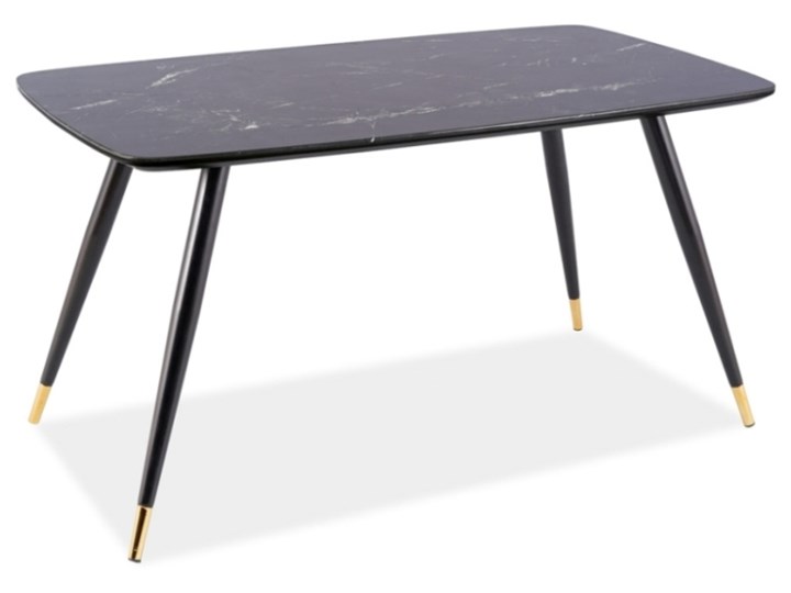 Prostokątny stół Cyryl I ze złotymi zakończeniami nóg Kamień Styl Glamour Wysokość 140 cm Metal Wysokość 76 cm Szkło Płyta MDF Średnica