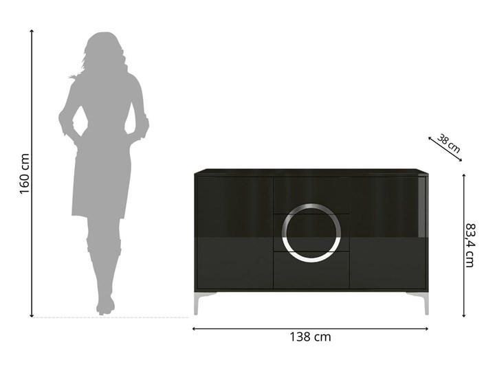 Czarna nowoczesna komoda Dancan EVA / wysoki połysk Płyta laminowana Szerokość 138 cm Wysokość 83 cm Z szafkami i szufladami Głębokość 38 cm Pomieszczenie Salon