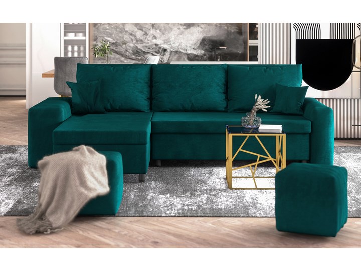 SELSEY Narożnik z funkcją spania Levebre zielony welur hydrofobowy Wysokość 76 cm Szerokość 255 cm Głębokość 131 cm Materiał obicia Tkanina