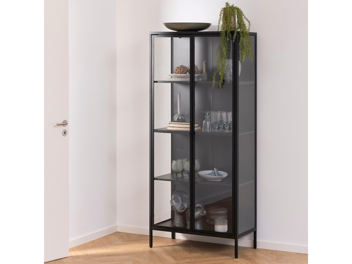 Witryna dwudrzwiowa metalowa czarna 80x180 cm Uniwersalne Głębokość 40 cm Szkło Kolor Czarny
