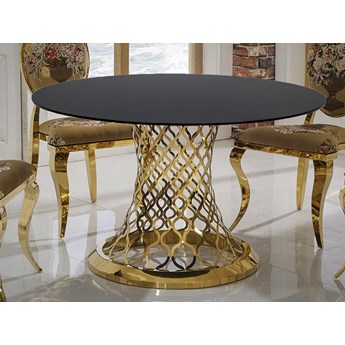 Złoty stół z ażurową podstawą i czarnym szklanym blatem 120x76 cm TH404