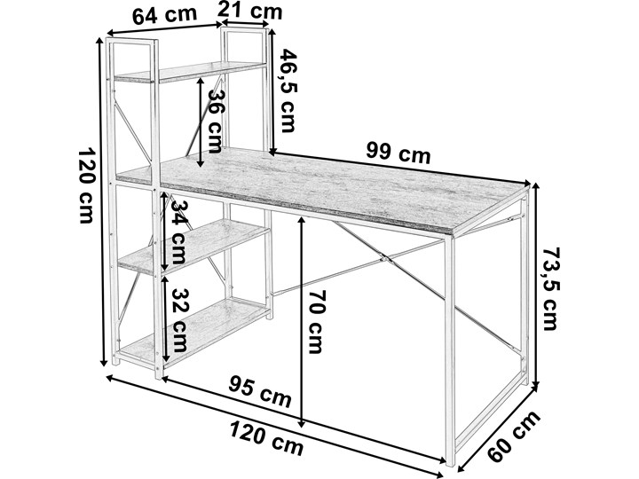 Biurko loftowe z półkami z nadstawką Trosa Szerokość 97 cm Głębokość 97 cm Biurko regulowane Metal Szerokość 120 cm Biurko komputerowe Biurko z nadstawką Stal Głębokość 60 cm Styl Industrialny