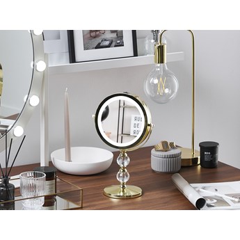 Beliani Lusterko kosmetyczne złote metalowa rama ø 13 cm światło LED powiększenie 1x/5x dwustronne obrotowe