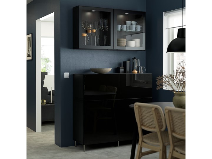 IKEA BESTÅ Kombinacja regałowa z drzw/szuf, Czarnybrąz/Selsviken/Ösarp połysk/czarne przezroczyste szkło, 120x42x213 cm Kategoria Zestawy mebli do sypialni