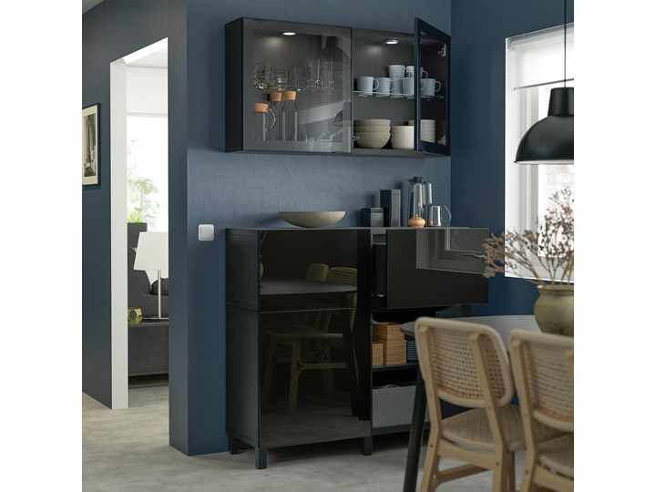 IKEA BESTÅ Kombinacja regałowa z drzw/szuf, Czarnybrąz/Selsviken/Stubbarp połysk/czarne przezroczyste szkło, 120x42x213 cm Kategoria Zestawy mebli do sypialni