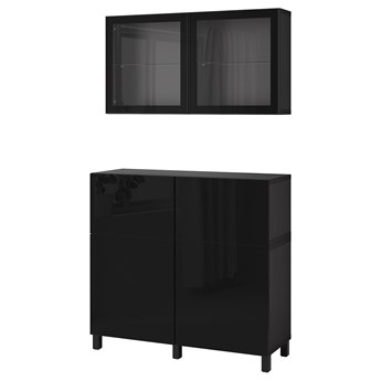 IKEA BESTÅ Kombinacja regałowa z drzw/szuf, Czarnybrąz/Selsviken/Stubbarp połysk/czarne przezroczyste szkło, 120x42x213 cm