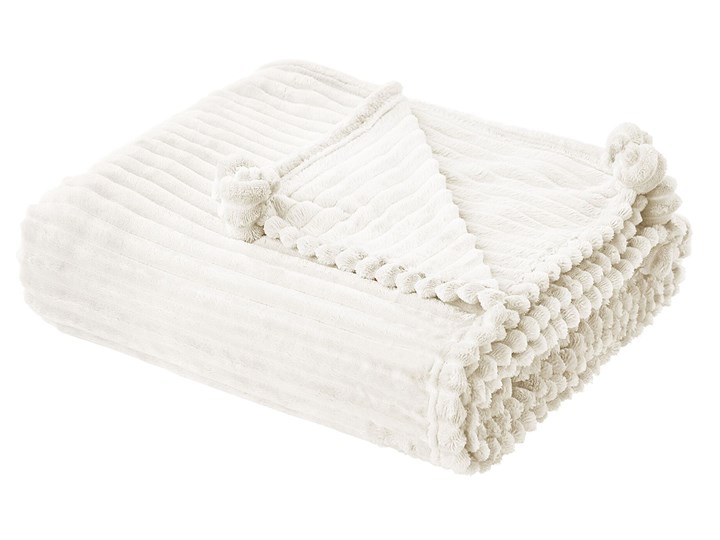 Beliani Koc biały 150 x 200 cm poliester prążkowany z pomponami narzuta na sofę łóżko 150x200 cm Kategoria Koce i pledy