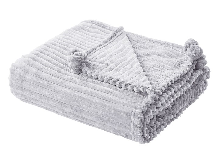 Beliani Koc jasnoszary 150 x 200 cm poliester prążkowany z pomponami narzuta na sofę łóżko 150x200 cm Kategoria Koce i pledy