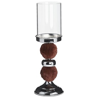 Beliani Świecznik srebrny metalowy z brązowym futerkiem lampion ze szklanym kloszem 38 cm elegancka dekoracja stołu komody