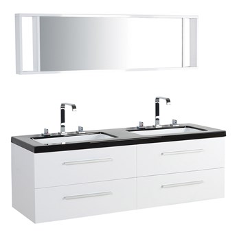 Beliani Zestaw mebli łazienkowych biały nowoczesna szafka wisząca z 2 umywalkami i lustrem