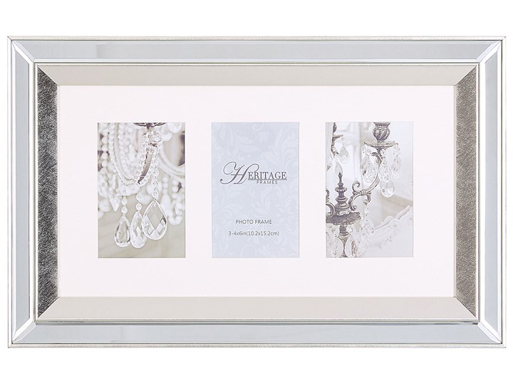 Beliani Multiramka srebrna lustrzana 32 x 50 cm na zdjęcia 3 fotografie 10 x 15 cm kolaż wisząca Pomieszczenie Sypialnia