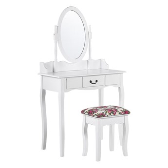 Beliani Toaletka biała z szufladą owalne lustro ze stołkiem styl retro do sypialni