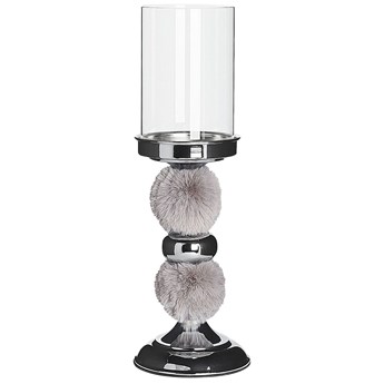 Beliani Świecznik srebrny metalowy z szarym futerkiem lampion ze szklanym kloszem 38 cm elegancka dekoracja stołu komody