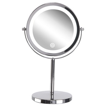 Beliani Lusterko kosmetyczne srebrne metalowe ø 20 cm z oświetleniem LED do makijażu powiększające dwustronne