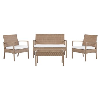 Beliani Zestaw ogrodowy brązowy rattanowy 2 krzesła 1 ławka 1 stół ze szklanym blatem poduchy nowoczesny