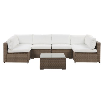 Beliani Zestaw mebli ogrodowych brązowy technorattan białe poduszki 6-osobowa sofa narożna stolik kawowy ze szklanym blatem