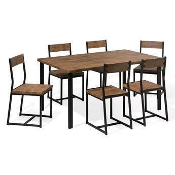 Beliani Zestaw mebli do jadalni 6-osobowy ciemne drewno czarna stalowa rama stół 150 x 90 cm 6 krzeseł industrialny