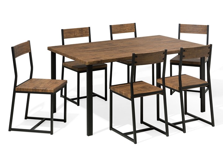 Beliani Zestaw mebli do jadalni 6-osobowy ciemne drewno czarna stalowa rama stół 150 x 90 cm 6 krzes ...