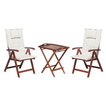 Beliani Zestaw mebli balkonowych ciemne drewno akacjowe stół 2 krzesła z białymi poduszkami regulowane oparcia składany rustykalny
