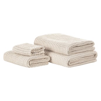 Beliani Komplet 4 ręczników beżowy bawełna zero twist ręczniki dla gości do rąk kąpielowy i mata łazienkowa