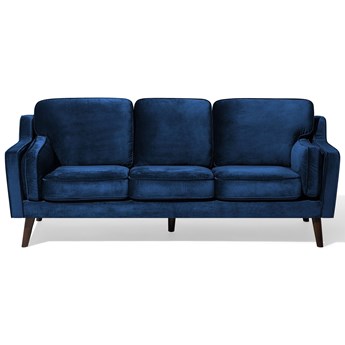Beliani Sofa trzyosobowa ciemnoniebieska welurowa aksamitna dębowe nóżki salon duży pokój retro vintage glamour