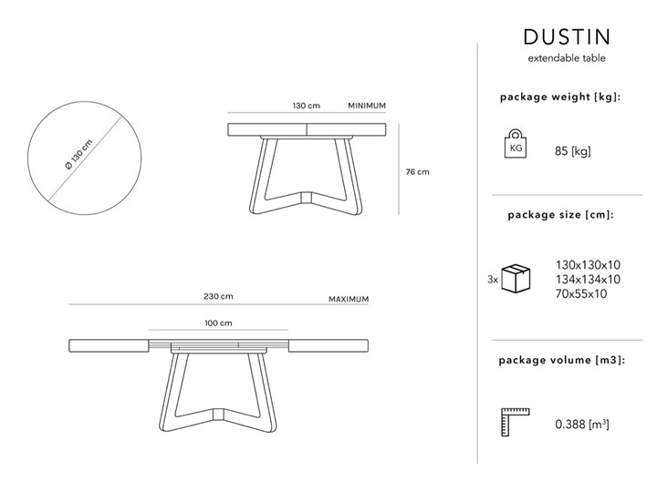 Stół rozkładany Dustin 130-230x130 cm czarny Długość po rozłożeniu 230 cm Rozkładanie Rozkładane