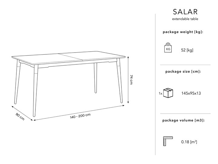 Stół rozkładany Salar 140-200x90 cm czarny Długość(n) 140 cm Długość po rozłożeniu 200 cm