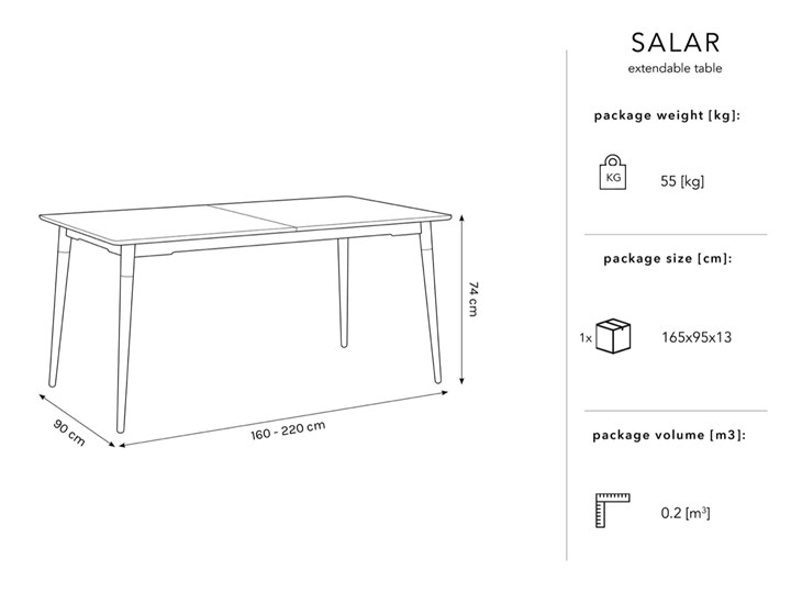 Stół rozkładany Salar 160-220x90 cm naturalny Długość po rozłożeniu 220 cm