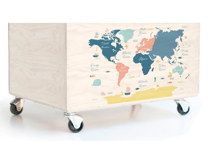 Dziecięcy sosnowy pojemnik na kółkach Folkifreckles Worldmap Drewno Kategoria Pudełka do przechowywania