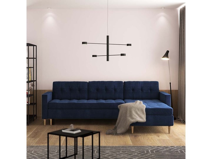 SELSEY Narożnik z funkcją spania Kopenhaga granatowy welur w tkaninie hydrofobowej Szerokość 223 cm Wysokość 45 cm Lewostronne Wysokość 88 cm Głębokość 136 cm Kategoria Narożniki