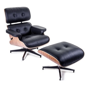 Fotel z podnóżkiem Czarna Skóra Naturalna Inspirowany Projektem Lounge Chair
