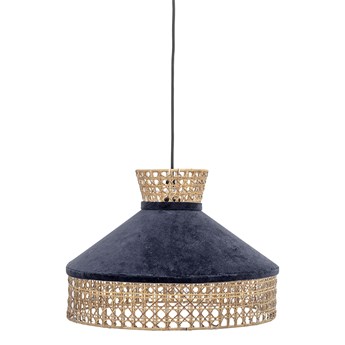 Lampa wisząca z plecionki rattanowej wykończona niebieskim aksamitem