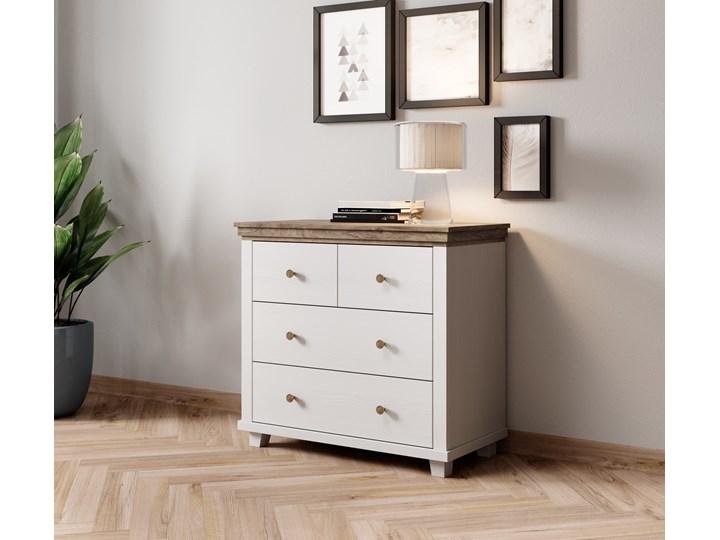 Pojemna komoda z czterema szufladami do sypialni Evora 90x81x42 Głębokość 42 cm Z witrynami Płyta MDF Szerokość 90 cm Wysokość 81 cm Pomieszczenie Sypialnia