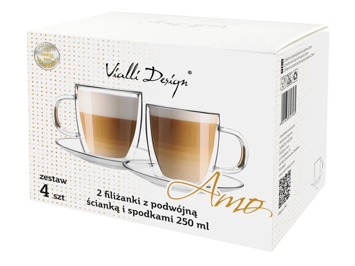 Zestaw 2 szklanych filiżanek z podwójną ścianką i spodkami Vialli Design, 250 ml Filiżanka do herbaty Filiżanka do kawy Kategoria Filiżanki Kolor Szary