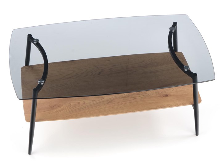 Loftowa ława pokojowa ze szklanym blatem i półką Anastasia Długość 106 cm Wysokość 46 cm Płyta MDF Metal Szkło Szerokość 60 cm Stal Zestaw stolików Drewno Kategoria Stoliki i ławy