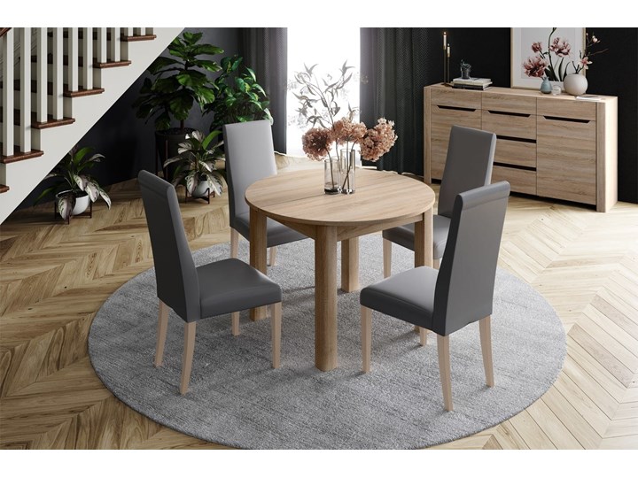 Stół rozkladany Indus - Dł. po rozłożeniu: 240 cm - Kolor: Dąb Sonoma Płyta MDF Wysokość 76 cm Drewno Płyta laminowana Kształt blatu Okrągły Kategoria Stoły kuchenne