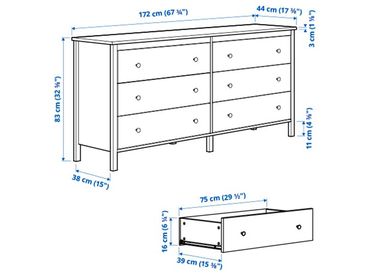 IKEA KOPPANG Komoda, 6 szuflad, Biały, 172x83 cm Głębokość 44 cm Z szufladami Szerokość 172 cm Płyta laminowana Pomieszczenie Salon
