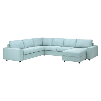 IKEA VIMLE Narożna sofa 5o z szezl, z szerokimi podłokietnikami/Saxemara jasnoniebieski, Wysokość z poduchami oparcia: 83 cm