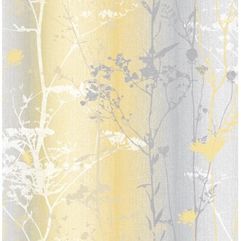 Tapeta na flizelinie w pasy i polne kwiaty żółty srebro