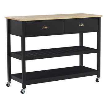 Beliani Wózek kuchenny czarny z drewnianym blatem 120 x 48 x 91 cm szafka na kółkach z 2 szufladami