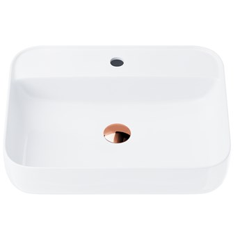 Wolnostojąca umywalka nablatowa Corsan 649896 prostokątna biała 55 x 40 x 14 cm z otworem na baterię i korkiem różowe złoto